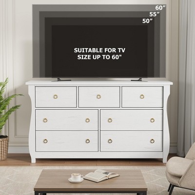 Homhougo 7-Drawer Dresser - Tall Boho Dresser with Curved Legs, Rattan Accents, and Freestanding Storage White