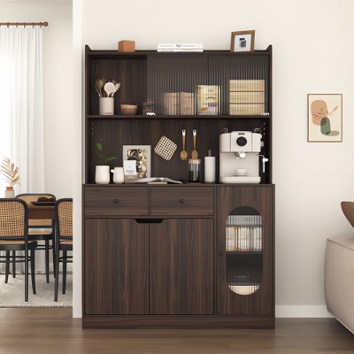 Tiramisubest 71"H Pantry Cabinet Reeded Glass Bakers Rack with Storage Microwave Stand Wire Hole Storage Rack Tall Pantry Cabinet, Brown