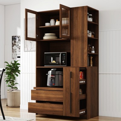 Lycvki 70.87" Tall Kitchen Pantry Cabinet with Pull-out Storage Shelf and Glass Door