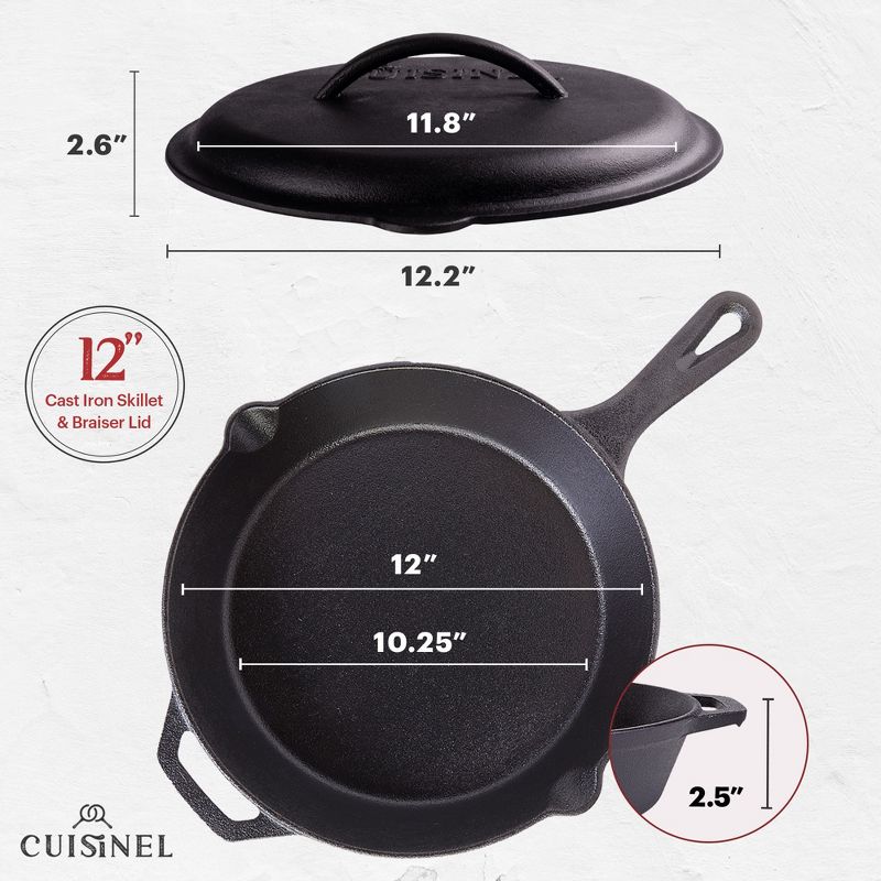Cuisinel Cast Iron Skillet with Lid - 12"-inch Pre-Seasoned Covered Frying Pan Set + Silicone Handle & Lid Holders + Scraper/Cleaner, 2 of 5