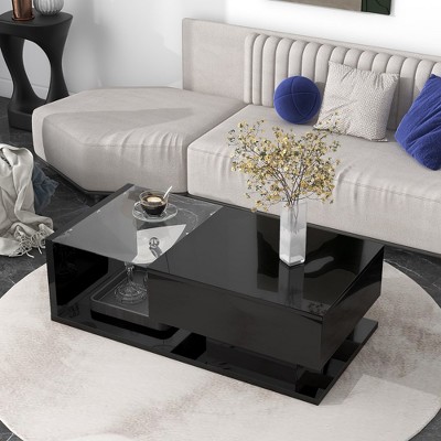 39.3" Coffee Table With Drawer, Tempered Glass, High-Gloss UV Surface Square Wooden Cocktail Table, Household Side End Table