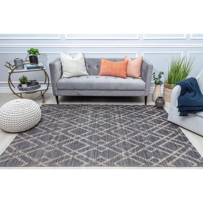 Handmade Blue and Cream Wool Diamond Pattern Area Rug 5' x 7'