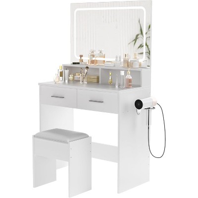Vanity Desk with Mirror & Lights, Modern Makeup Vanity with 3 Color Modes, 2 Drawers, Cushioned Stool & Charging Station for Bedroom