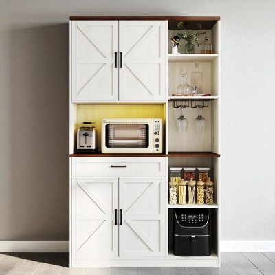 Kitchen Pantry Cabinet with Hutch, Drawer & Wine Rack, Microwave Stand with USB, Sideboard Buffet Storage Cabinet for Dining Room