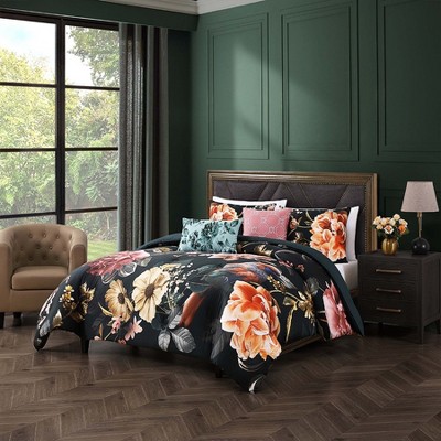 King Black Cotton Reversible Comforter Set with Floral Design