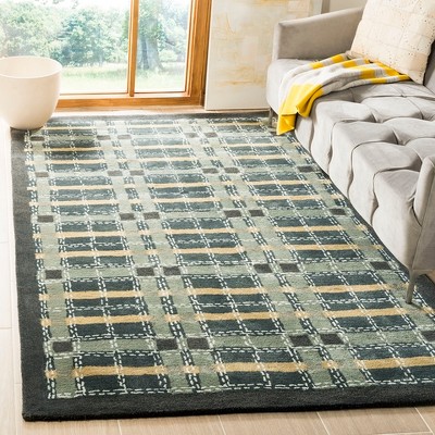 Black and Beige Plaid 9' x 12' Wool Area Rug