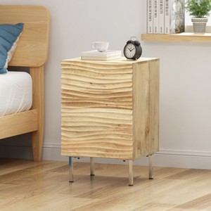 KWPZQEB Farmhouse Nightstand, End Table with Mango Wood, Wooden Fluted Night Stand with Door & Shelf for Living Room, Bedroom, Natural - 1 of 4