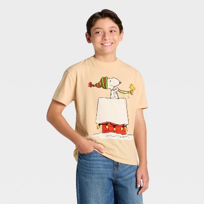 Boys' Snoopy and Woodstock Holiday Front and Back Short Sleeve Oversized Graphic T-Shirt - Brown