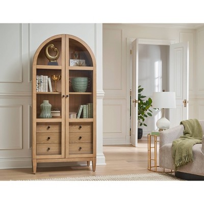 78" Light Brown Wood Arched Bookcase with 3 Drawers