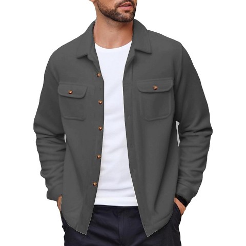 COOFANDY Men's Polar Fleece Shacket Long Sleeve Casual Button Down Shirt Jacket with Pockets Dark Grey XXL