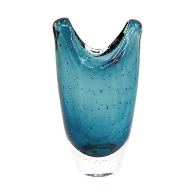 HomeRoots 10" Cerulean And Clear Bubble Glass Oval Table Vase