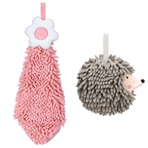 REGALWOVEN 2 Packs Chenille Hand Towel Flower and Cute Cartoon Hanging Hand Towel for Bathroom 6" x 15"/7" x 7" - 1 of 4