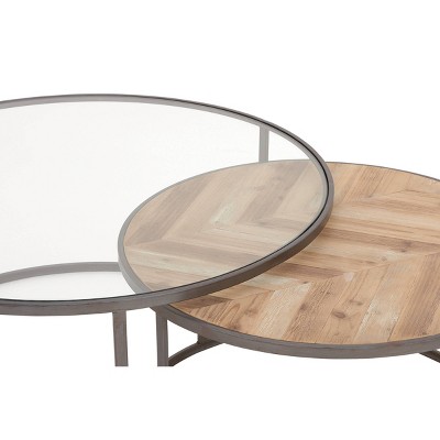 Gray and Brown Round Wood and Glass Nesting Coffee Tables