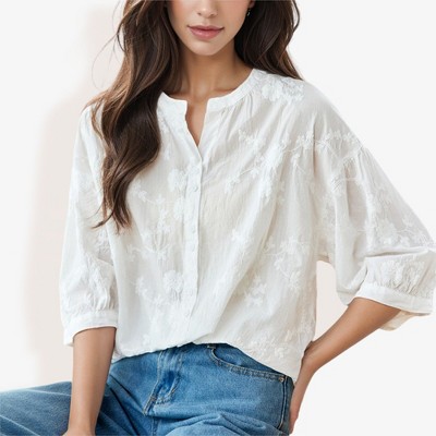 Anna-Kaci Women's 3/4 Sleeve Button Down Shirt With Floral Embroidered Details, V-Neck, Lightweight- Medium, White