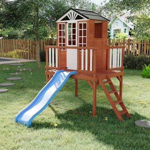 2-Story Cedar Kids Playhouse,Outdoor Wooden Fort w/ Slide & Climbing Wall - Elevated Backyard Playhouse, Easy Setup, Weather-Resistant - 1 of 4