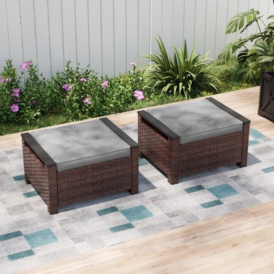 Sonkuki 2-Piece Ottomans with Solution-Dyed Fabric Cushion, All-Weather Wicker Ottomans, Ideal for Patio