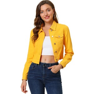 Allegra K Women's Solid Cropped Button-Down Plaid Cuffs Jean Jacket with Pockets - 1 of 4