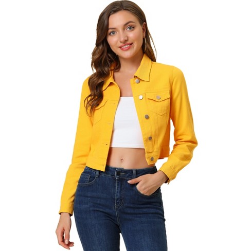 Unique Bargains Women's Button Down Collarless Long Sleeve Cropped