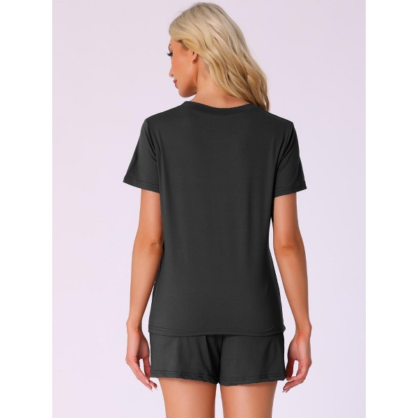 Conjunto de Pijama para Mujer cheibear, 2 Piezas con Cuello Redondo, Manga Corta y Shorts con Cintura Ajustable y Bolsillos Laterales 3