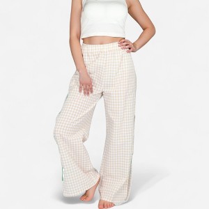 Anna-Kaci Lounge Women's Gingham Wide Leg Pants with Elastic Waistband Contrast Side Ribbon Tie Details - 1 of 4