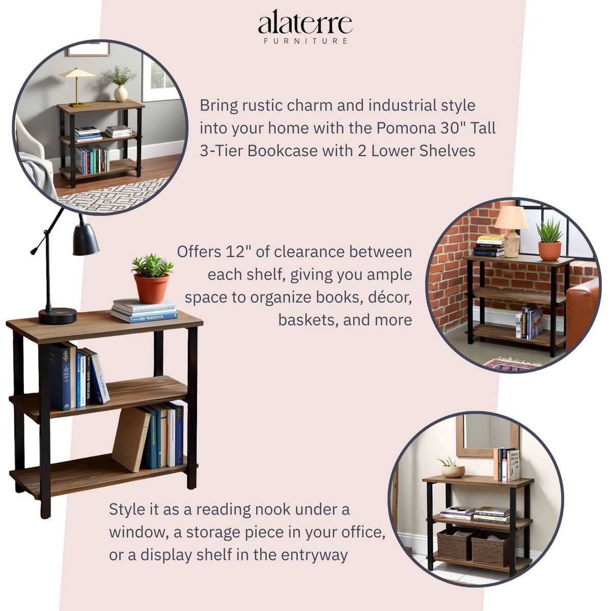 31" Pomona 2 Shelf Bookshelf Metal and Solid Wood Natural - Alaterre Furniture - thumbnail 3