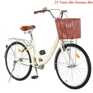 24" & 26" Cruiser Bike Commuter Bike Beach Cruiser w/ Ergonomic Upright Design, w/Basket & Adjustable Seat - 1 of 4