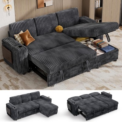 Vipbear 85" Modular Sectional Sleeper Sofa with Pull Out Bed, 3 Seat Plush Corduroy L Shaped Couch , Tool Free Assembly