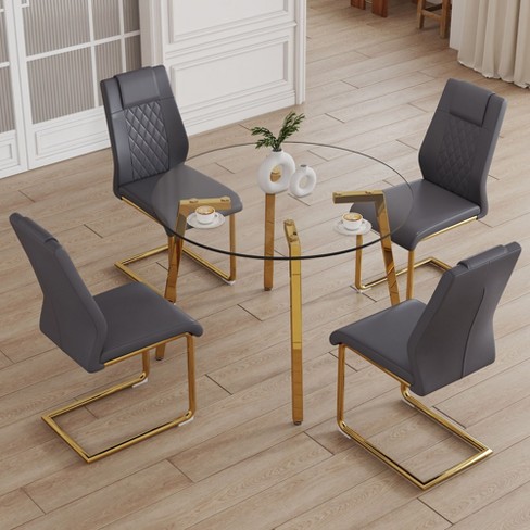 NicBex 5 PCS/7 PCS Dining Table Set,Round Tempered Glass Dining Table with Gold Metal Legs,4/6 PU Chairs for Kitchen/Apartment - image 1 of 4