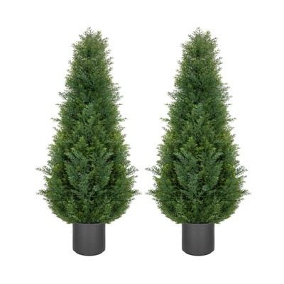 4' Artificial Cedar Topiary Trees with Gray Planter Pot, Realistic Faux Pine Shrubs Plants, Set of 2 (Indoor/ Outdoor)
