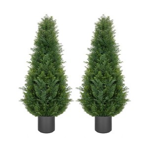 4' Artificial Cedar Topiary Trees with Gray Planter Pot, Realistic Faux Pine Shrubs Plants, Set of 2 (Indoor/ Outdoor) - 1 of 4