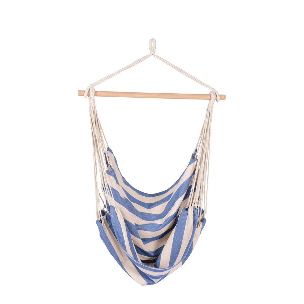 Boho Breeze Swinging Bungalow Hammock Chair: Blue Wave, Weather-Resistant, Polyester Fabric, Hardwood Bar