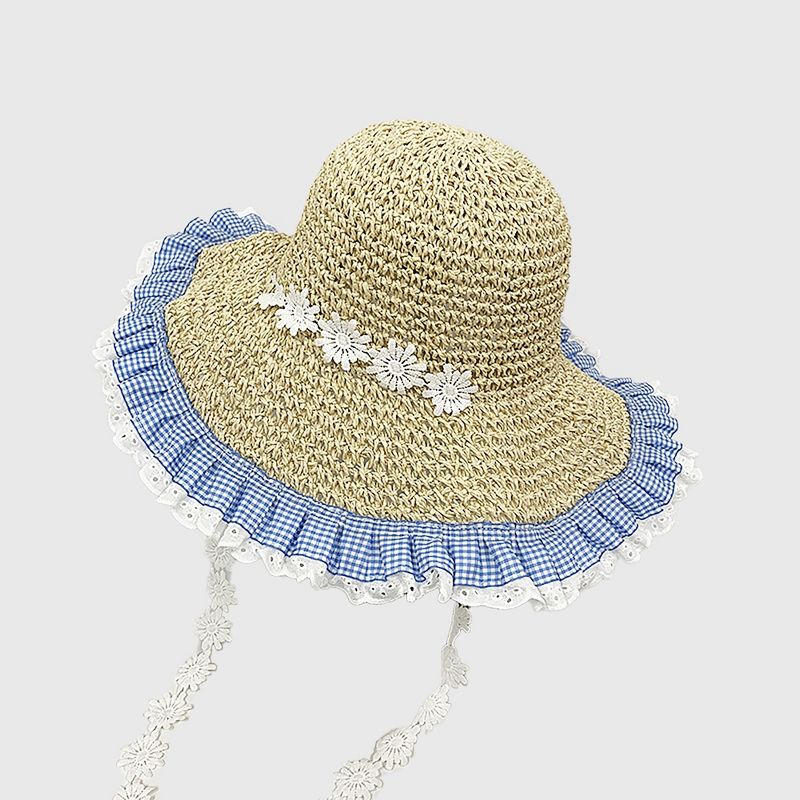 Anna-Kaci Women's Straw Sun Hat with Gingham & Lace Trim - Beige