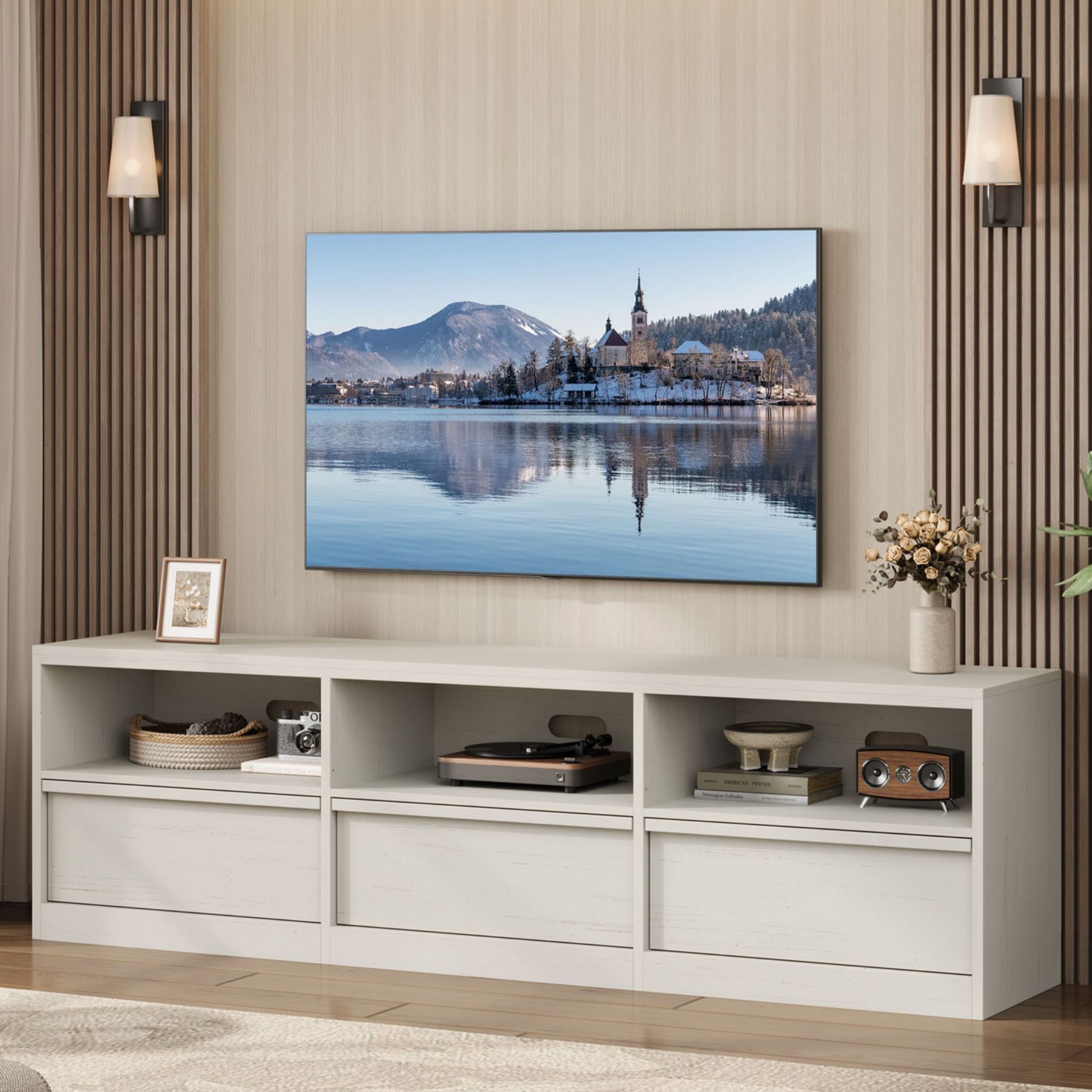 70 inch TV Stand for 80" TVs, Mid Century Modern Entertainment Center with Storage Drawer & Open Shelves
