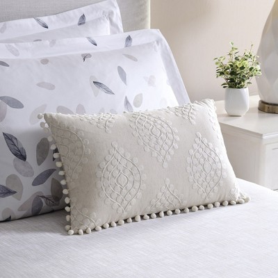 Natural Embroidered Cotton Linen Medallion Throw Pillow 12x20