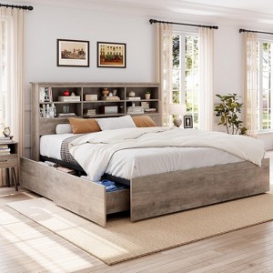 Whizmax Bed Frame with High Storage Bookcase Headboard, Wood Bed Frame with 4 Storage Drawers, No Box Spring Needed, Metal Frame, Easy Assembly - 1 of 4