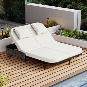 2-Person Outdoor Daybed, Patio Chaise Lounges with 5-Position Adjustable Backrest, Chaise Lounge with Iron Frame and Foam Cushions–Cuddlewood - 1 of 4