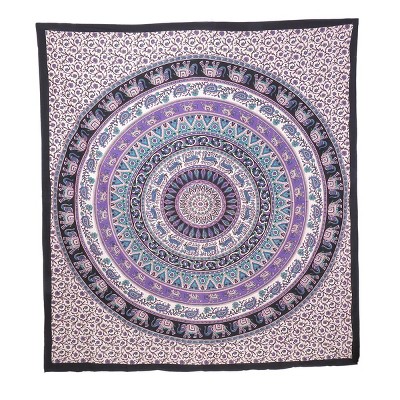 HomeRoots 92" X 84" Purple Black And White Mandala Cotton Hanging Tapestry
