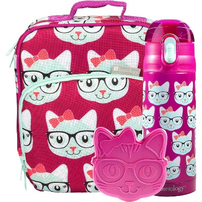 Bentology Lunch Bag Set w Matching Water Bottle & Hard Ice Pack- Pink Blue Kitty Cat- Tote, Insulated Thermos, Ice Pack- for Kids, Girls & Boys