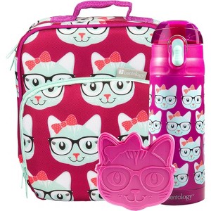 Bentology Lunch Bag Set w Matching Water Bottle & Hard Ice Pack- Pink Blue Kitty Cat- Tote, Insulated Thermos, Ice Pack- for Kids, Girls & Boys - 1 of 4
