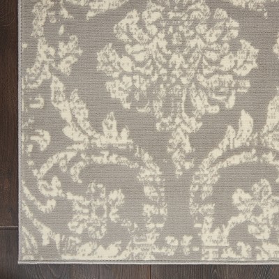 Gray and Ivory Damask 5'3" x 7'3" Synthetic Area Rug