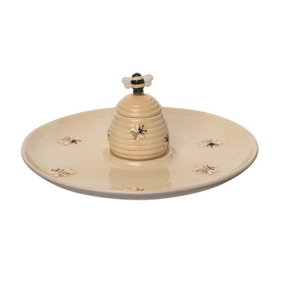 Transpac Dolomite 12.25 in. Brown Beehive Chip and Dip with Spreader Set of 3