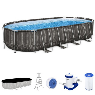 Bestway Power Steel Oval Metal Frame Above Ground Outdoor Backyard Swimming Pool Set with Filter Pump, Ladder, and Pool Cover