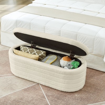 NicBex Oval Teddy Fabric Storage Ottoman Bench,Upholstered Storage Ottoman with Safety Hinge,Modern Storage Bench for Living Room,Bedroom