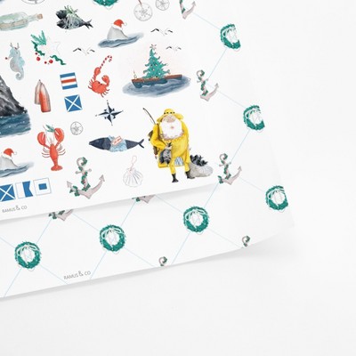 Two-Sided "Seas N' Wishes" Heavyweight Christmas/Holiday Gift Wrap by Ramus & Co (Eight Sheets)