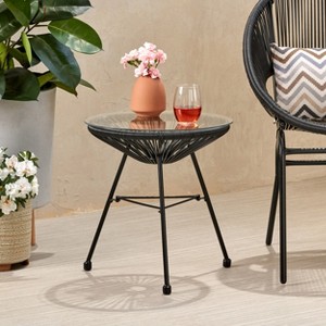 Modern Outdoor Rattan Side Table, Handcrafted Design with Tempered Glass Top - 1 of 4