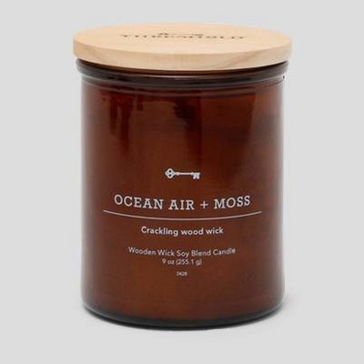 Amber Glass Ocean Air and Moss Lidded Wooden Wick Jar Candle 9oz - Threshold&#8482;