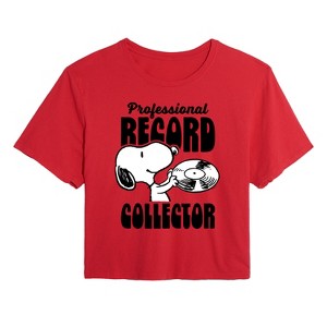 Women's - Peanuts - Snoopy Record Collector Cropped Graphic T-Shirt - 1 of 4