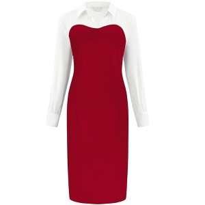 Hobemty Women's Contrast Color Long Sleeve Lapel Neck Elegant Work Sheath Dress - 1 of 4
