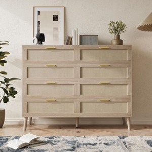 Coucheta Natural Rattan Dresser - Farmhouse Bedroom Chest with Gold Handles, Mid-Century Storage Drawer Organizer for Living Room & Entryway - 1 of 4