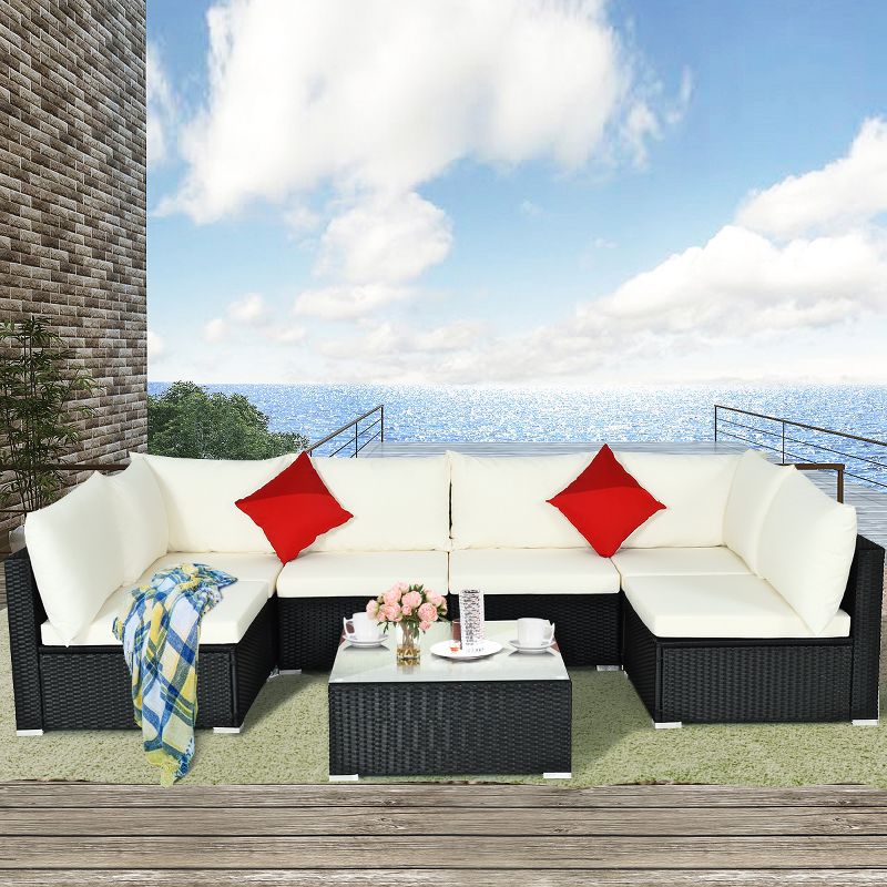 Costway 7PCS Patio Rattan Sofa Set Sectional Conversation Furniture Set Garden Beige\ Navy\Red\Navy Blue, 5 of 10